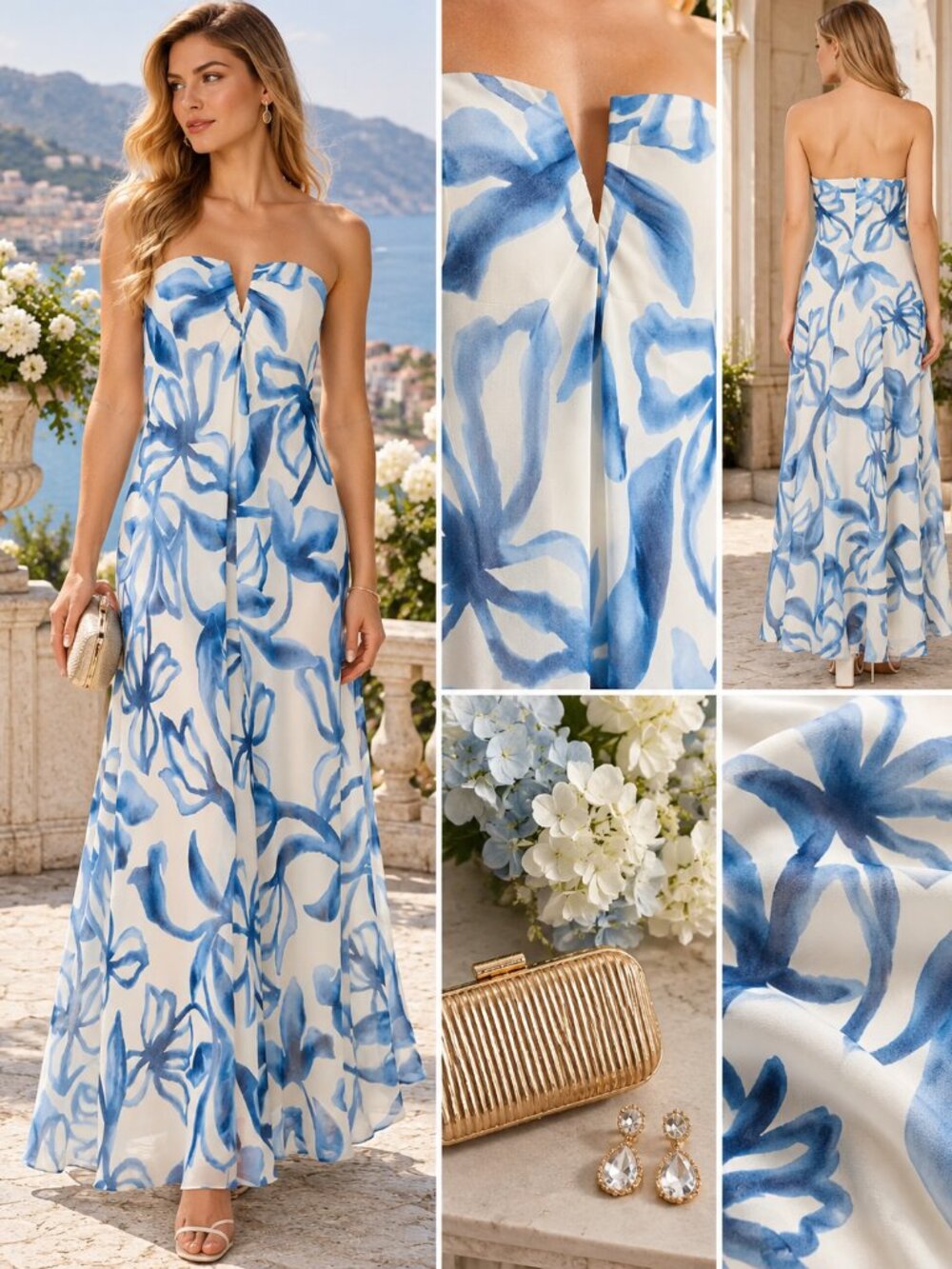 Parker Emerson Blue White Floral Strapless Maxi Dress Gown Size 6 NWT